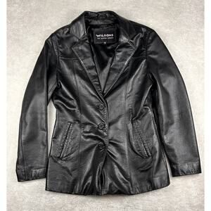 Wilsons Leather Jacket Womens Small Black Button Up Blazer Style Coat Classic